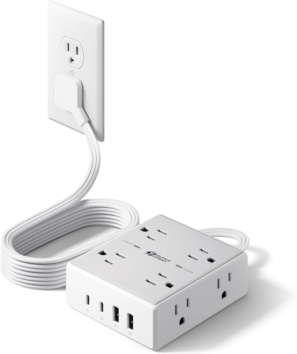 Barre d'alimentation avec protection contre les surtensions, SUPERDANNY Cordon de rallonge de 1,83 m avec 8 prises et 4 ports USB (2 USB 2 C), Multiprise à fiche plate montable, Protection contre les