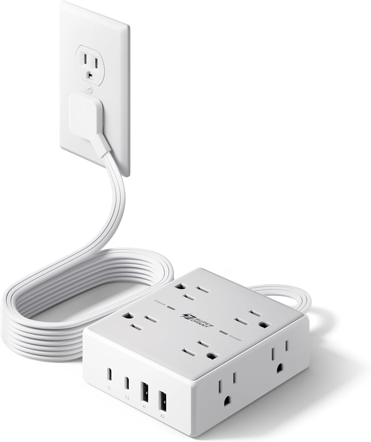 Barre d'alimentation avec protection contre les surtensions, SUPERDANNY Cordon de rallonge de 1,83 m avec 8 prises et 4 ports USB (2 USB 2 C), Multiprise à fiche plate montable, Protection contre les