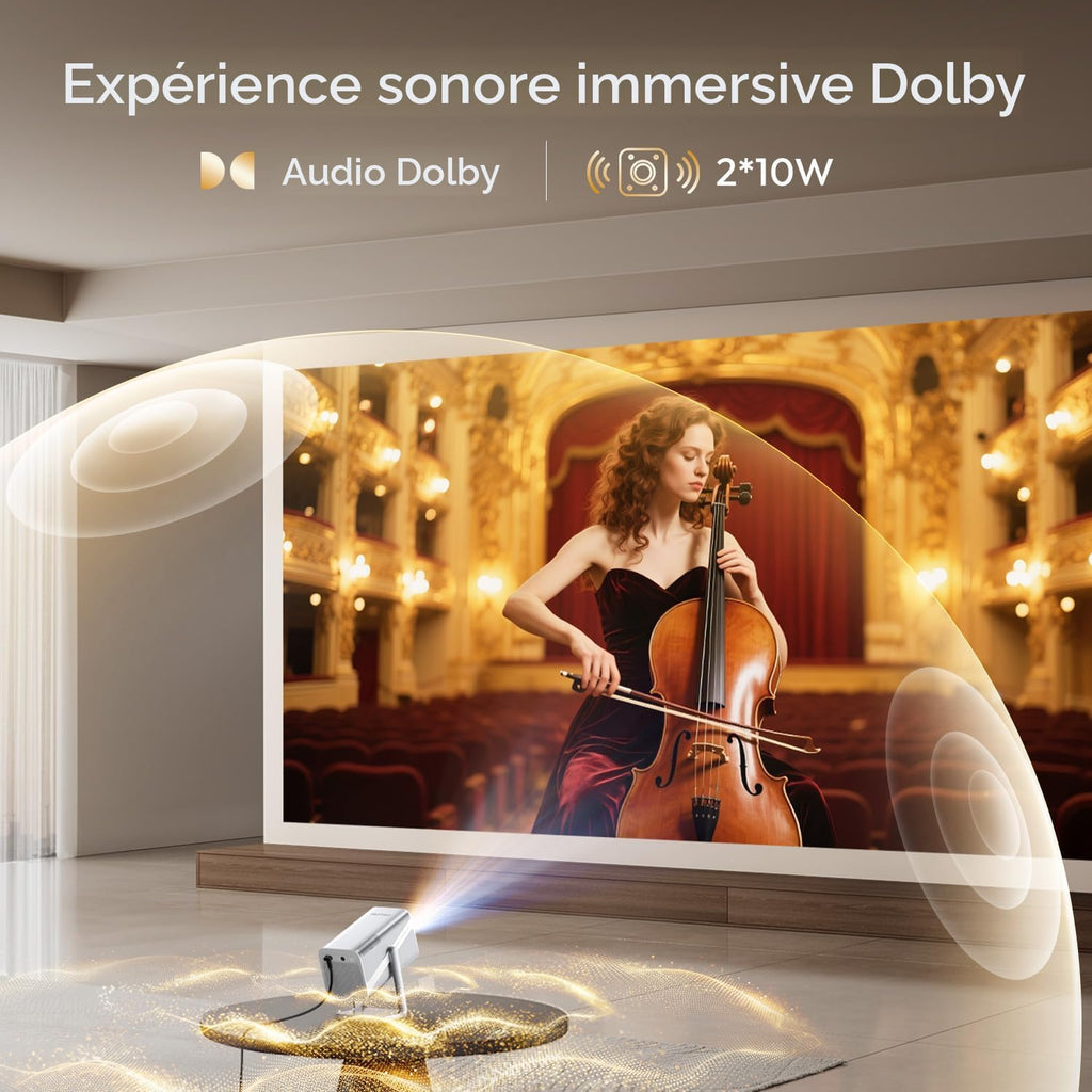 Projecteur intelligent 4K avec audio Dolby | Compatible avec Netflix | Autofocus/Keystone, mini projecteur portable 1080p avec WiFi6/Bluetooth 5.2/support rotatif à 360°, projecteurs d'intérieur et d'extérieur à courte portée TOPTRO