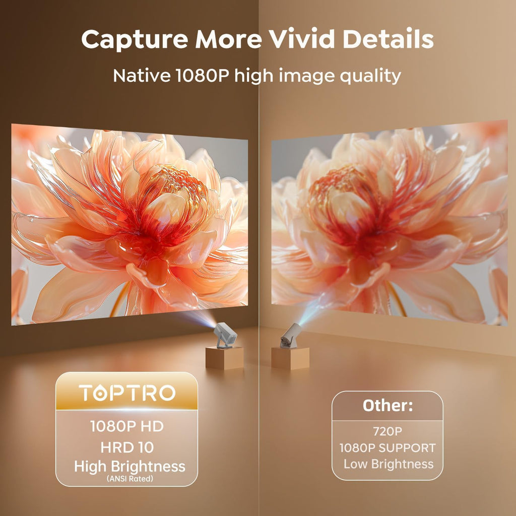 Projecteur intelligent 4K avec audio Dolby | Compatible avec Netflix | Autofocus/Keystone, mini projecteur portable 1080p avec WiFi6/Bluetooth 5.2/support rotatif à 360°, projecteurs d'intérieur et d'extérieur à courte portée TOPTRO