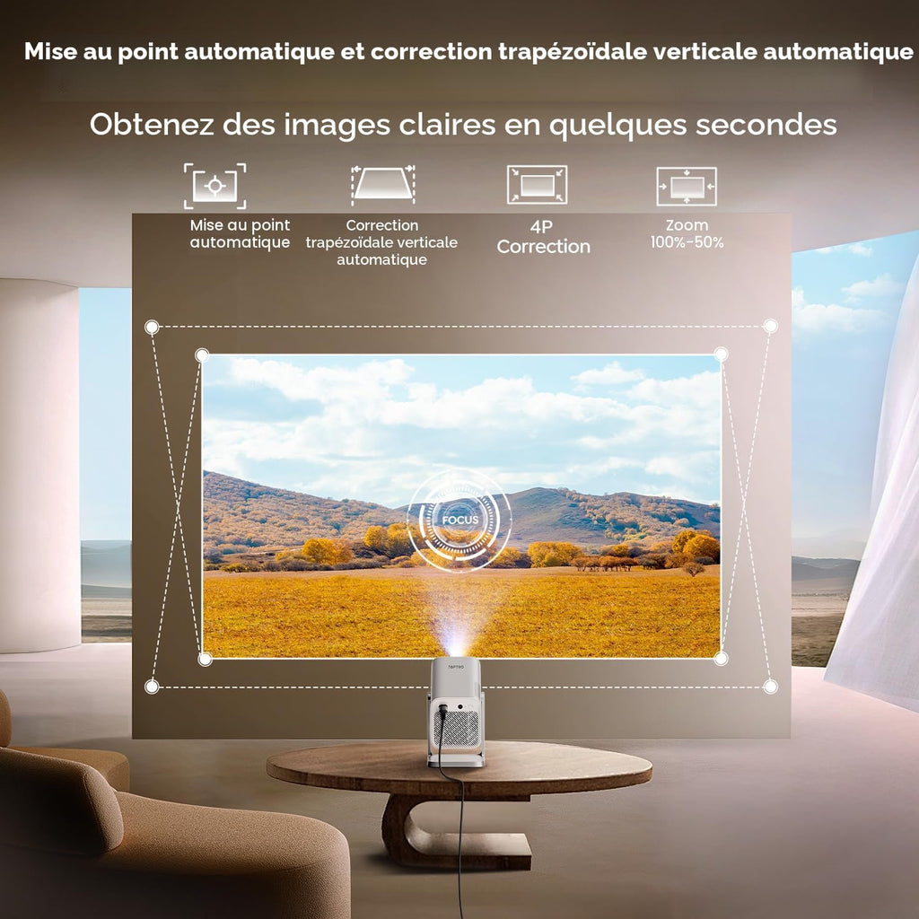 Projecteur intelligent 4K avec audio Dolby | Compatible avec Netflix | Autofocus/Keystone, mini projecteur portable 1080p avec WiFi6/Bluetooth 5.2/support rotatif à 360°, projecteurs d'intérieur et d'extérieur à courte portée TOPTRO