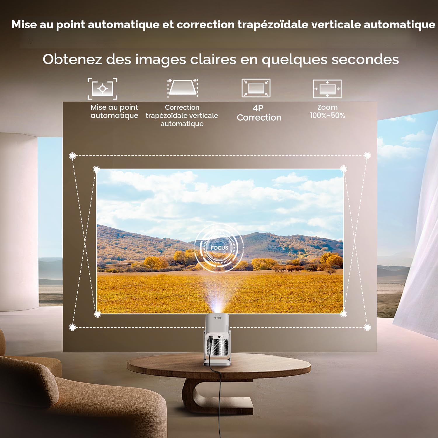 Projecteur intelligent 4K avec audio Dolby | Compatible avec Netflix | Autofocus/Keystone, mini projecteur portable 1080p avec WiFi6/Bluetooth 5.2/support rotatif à 360°, projecteurs d'intérieur et d'extérieur à courte portée TOPTRO