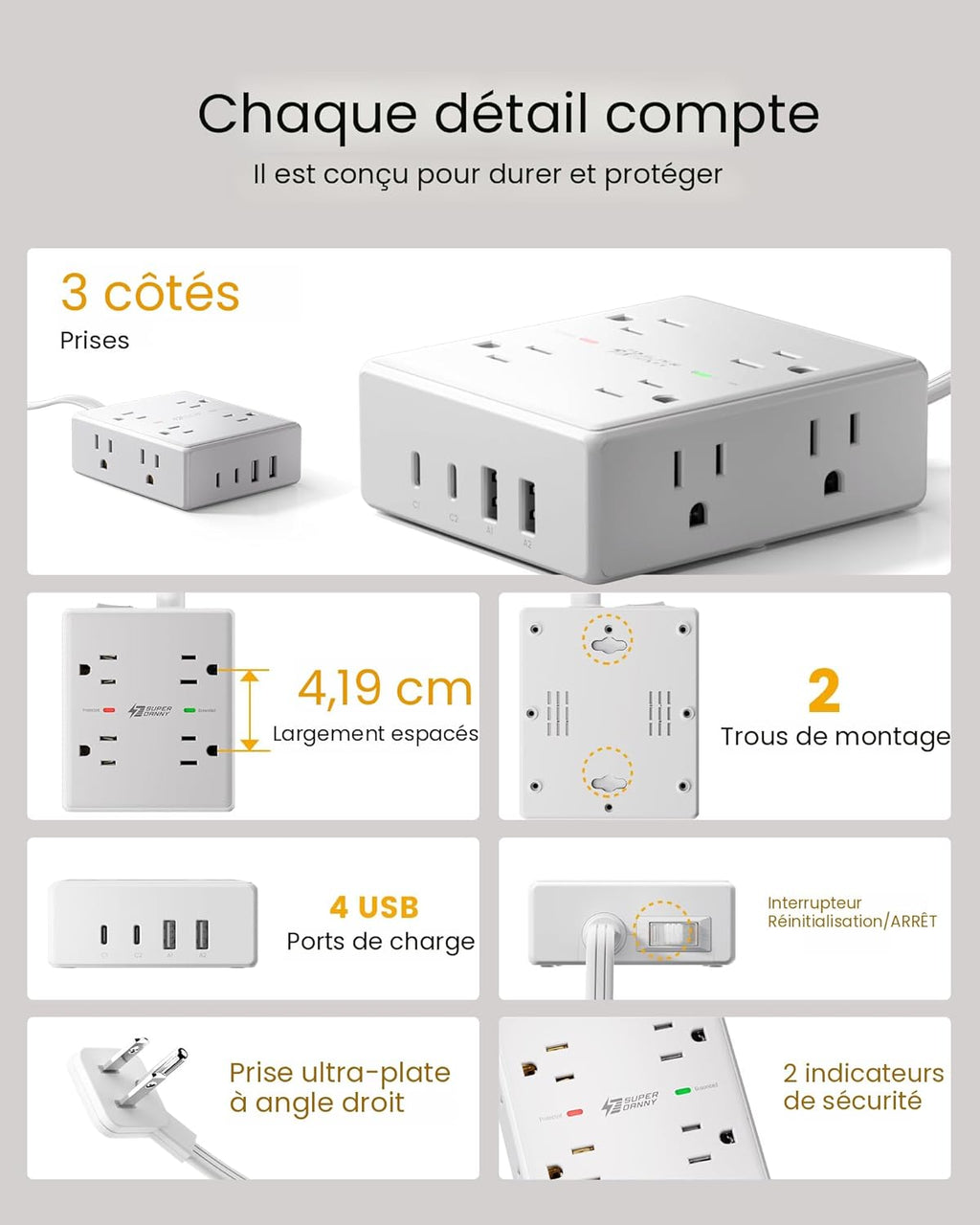 Barre d'alimentation avec protection contre les surtensions, SUPERDANNY Cordon de rallonge de 1,83 m avec 8 prises et 4 ports USB (2 USB 2 C), Multiprise à fiche plate montable, Protection contre les