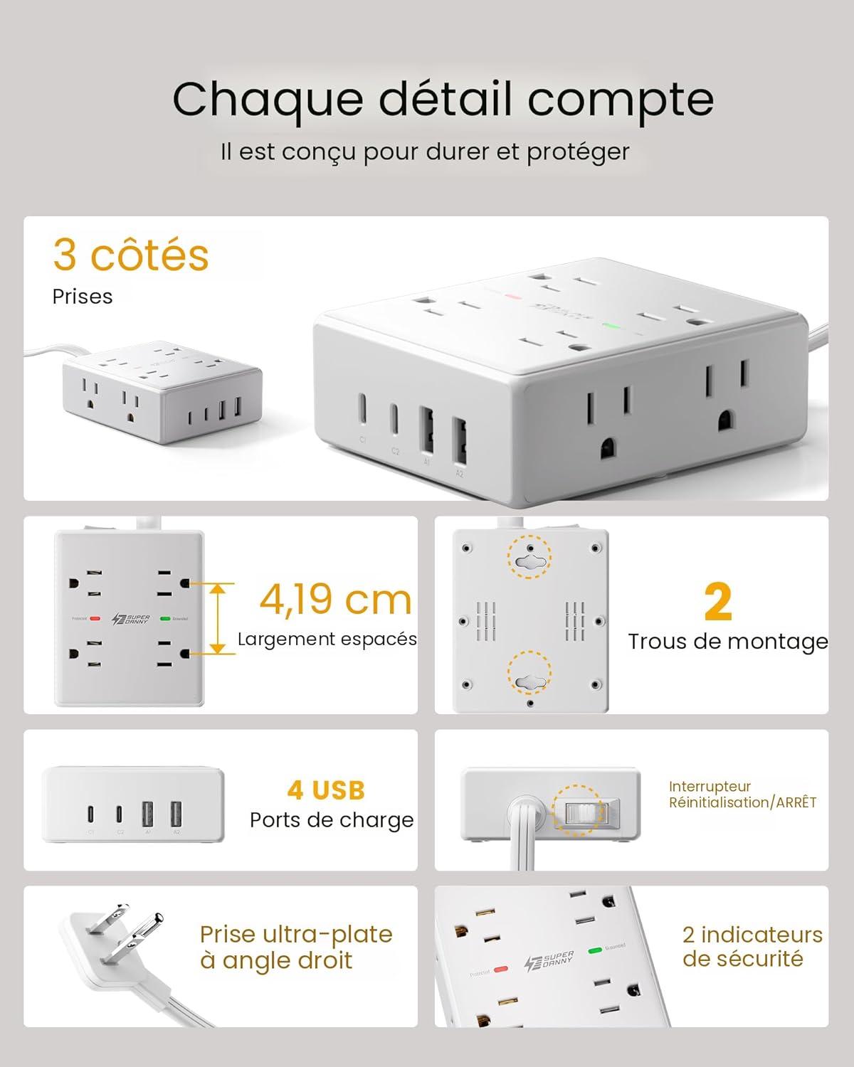 Barre d'alimentation avec protection contre les surtensions, SUPERDANNY Cordon de rallonge de 1,83 m avec 8 prises et 4 ports USB (2 USB 2 C), Multiprise à fiche plate montable, Protection contre les