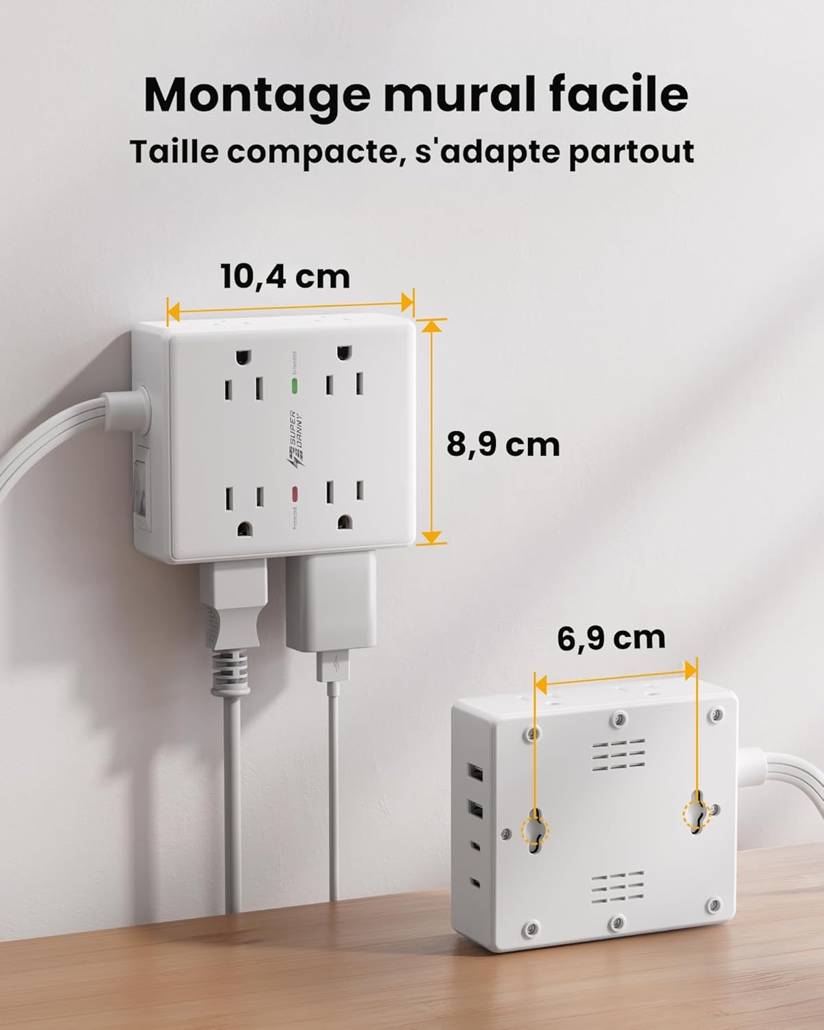 Barre d'alimentation avec protection contre les surtensions, SUPERDANNY Cordon de rallonge de 1,83 m avec 8 prises et 4 ports USB (2 USB 2 C), Multiprise à fiche plate montable, Protection contre les