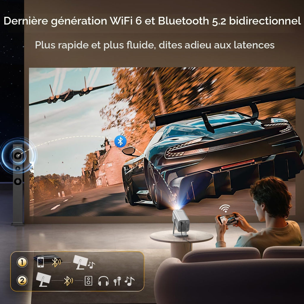 Projecteur intelligent 4K avec audio Dolby | Compatible avec Netflix | Autofocus/Keystone, mini projecteur portable 1080p avec WiFi6/Bluetooth 5.2/support rotatif à 360°, projecteurs d'intérieur et d'extérieur à courte portée TOPTRO