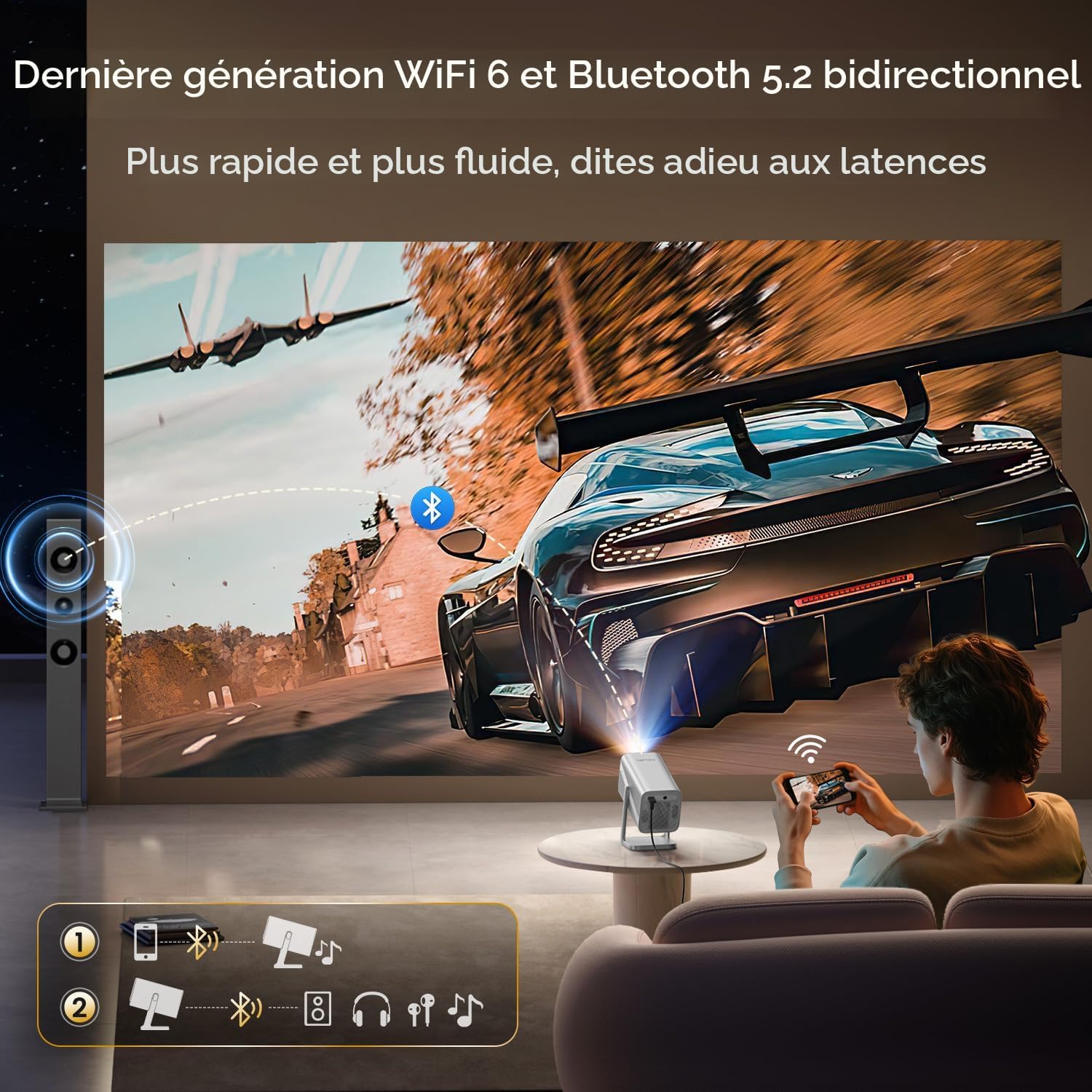Projecteur intelligent 4K avec audio Dolby | Compatible avec Netflix | Autofocus/Keystone, mini projecteur portable 1080p avec WiFi6/Bluetooth 5.2/support rotatif à 360°, projecteurs d'intérieur et d'extérieur à courte portée TOPTRO