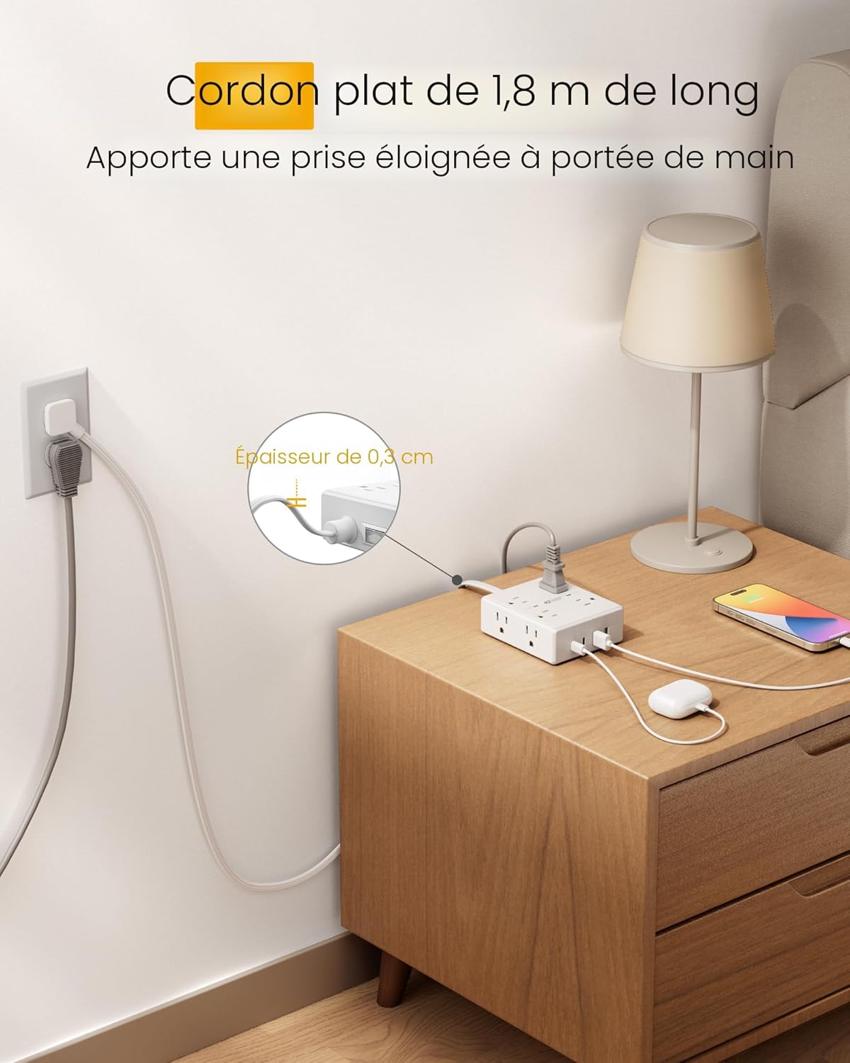 Barre d'alimentation avec protection contre les surtensions, SUPERDANNY Cordon de rallonge de 1,83 m avec 8 prises et 4 ports USB (2 USB 2 C), Multiprise à fiche plate montable, Protection contre les