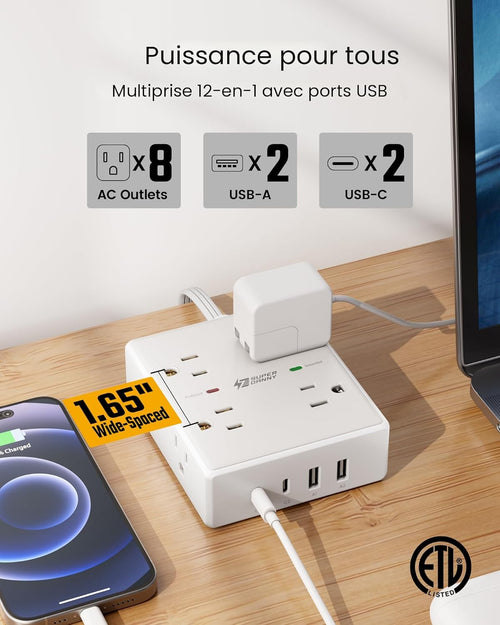 Barre d'alimentation avec protection contre les surtensions, SUPERDANNY Cordon de rallonge de 1,83 m avec 8 prises et 4 ports USB (2 USB 2 C), Multiprise à fiche plate montable, Protection contre les