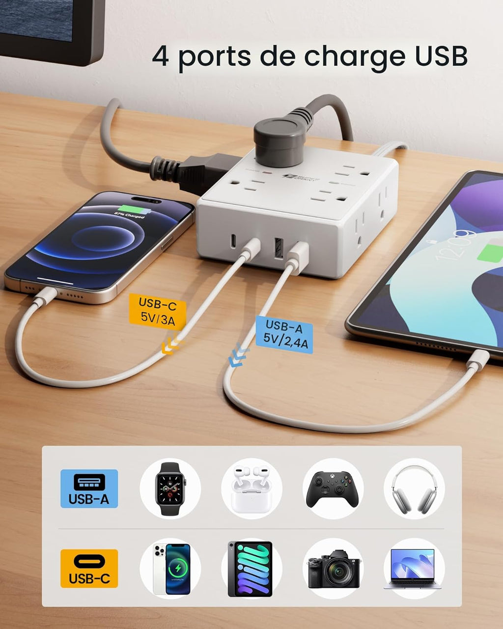 Barre d'alimentation avec protection contre les surtensions, SUPERDANNY Cordon de rallonge de 1,83 m avec 8 prises et 4 ports USB (2 USB 2 C), Multiprise à fiche plate montable, Protection contre les