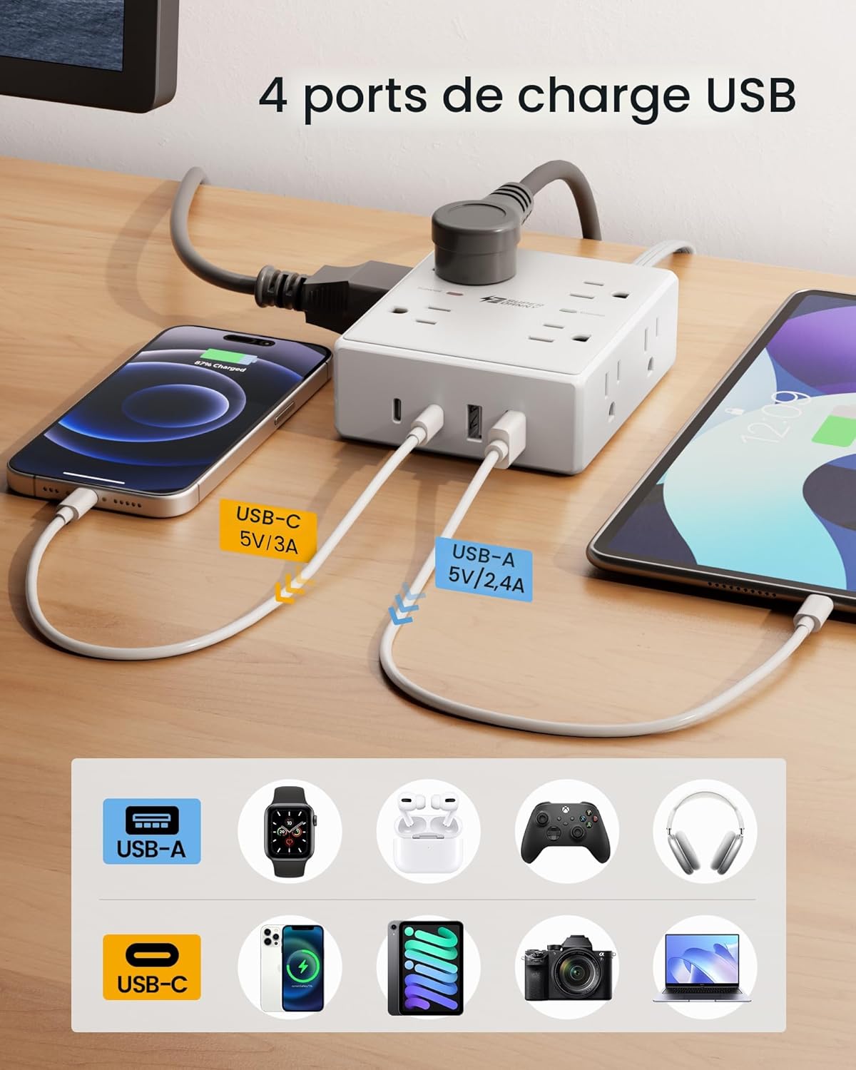 Barre d'alimentation avec protection contre les surtensions, SUPERDANNY Cordon de rallonge de 1,83 m avec 8 prises et 4 ports USB (2 USB 2 C), Multiprise à fiche plate montable, Protection contre les