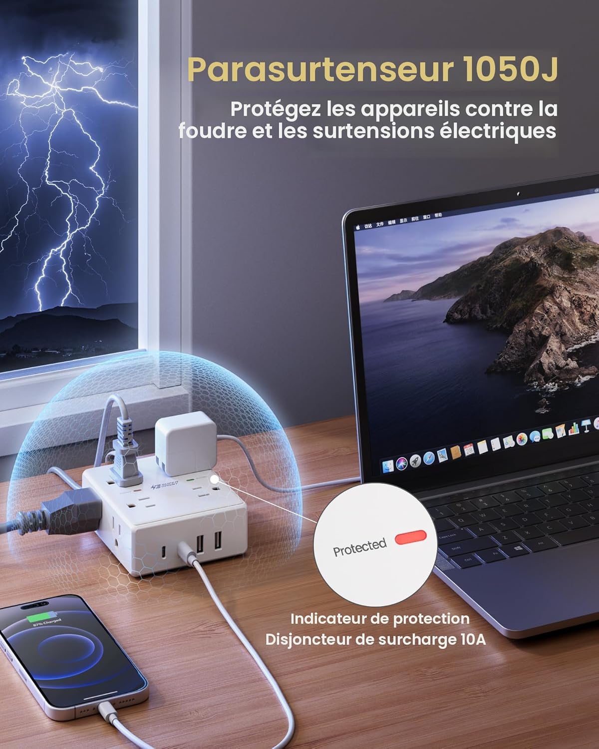 Barre d'alimentation avec protection contre les surtensions, SUPERDANNY Cordon de rallonge de 1,83 m avec 8 prises et 4 ports USB (2 USB 2 C), Multiprise à fiche plate montable, Protection contre les