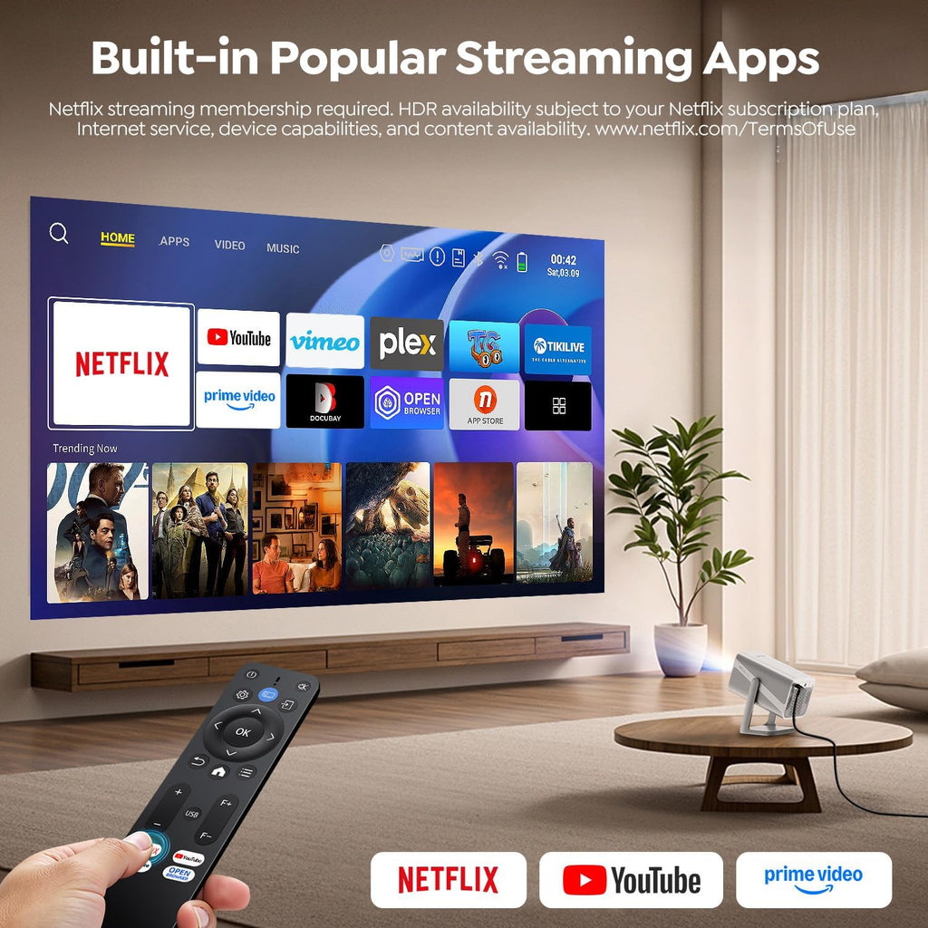 Projecteur intelligent 4K avec audio Dolby | Compatible avec Netflix | Autofocus/Keystone, mini projecteur portable 1080p avec WiFi6/Bluetooth 5.2/support rotatif à 360°, projecteurs d'intérieur et d'extérieur à courte portée TOPTRO