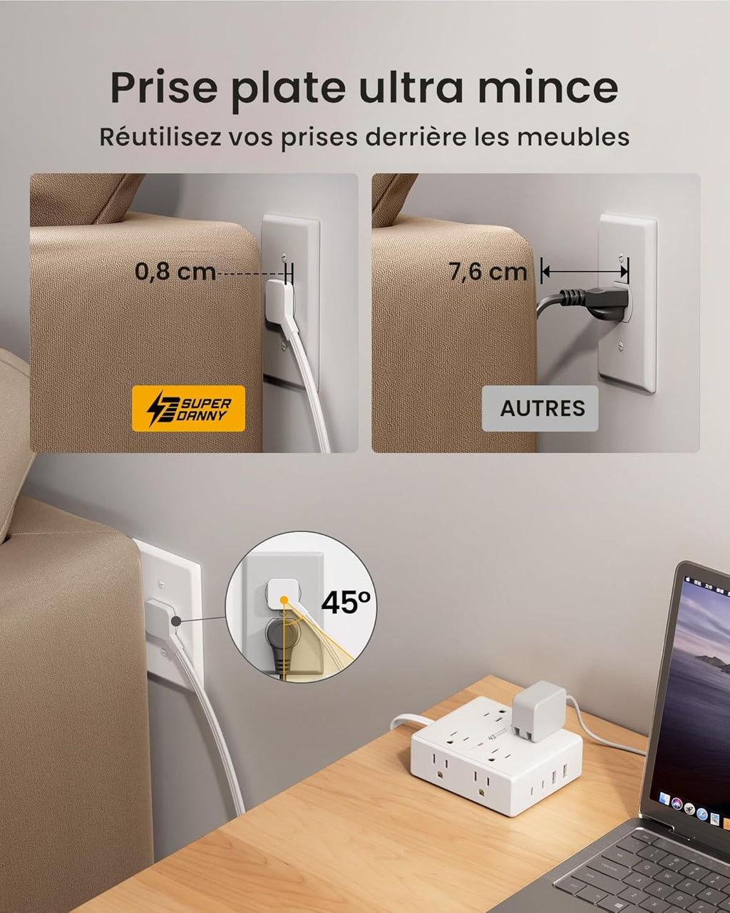 Barre d'alimentation avec protection contre les surtensions, SUPERDANNY Cordon de rallonge de 1,83 m avec 8 prises et 4 ports USB (2 USB 2 C), Multiprise à fiche plate montable, Protection contre les