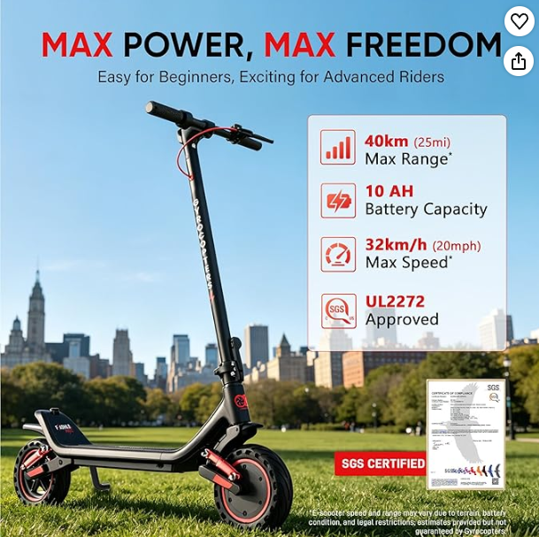 Gyrocopters 2026 Flash 6.0 Max Electric Scooter for Adults & Teens with APP, 10” Burstproof Fat Tires Escooter | Speed 32km/h, Upto 40km, Powerful 10 Ah Battery & 500W Brushless Motor UL 2272 Approved