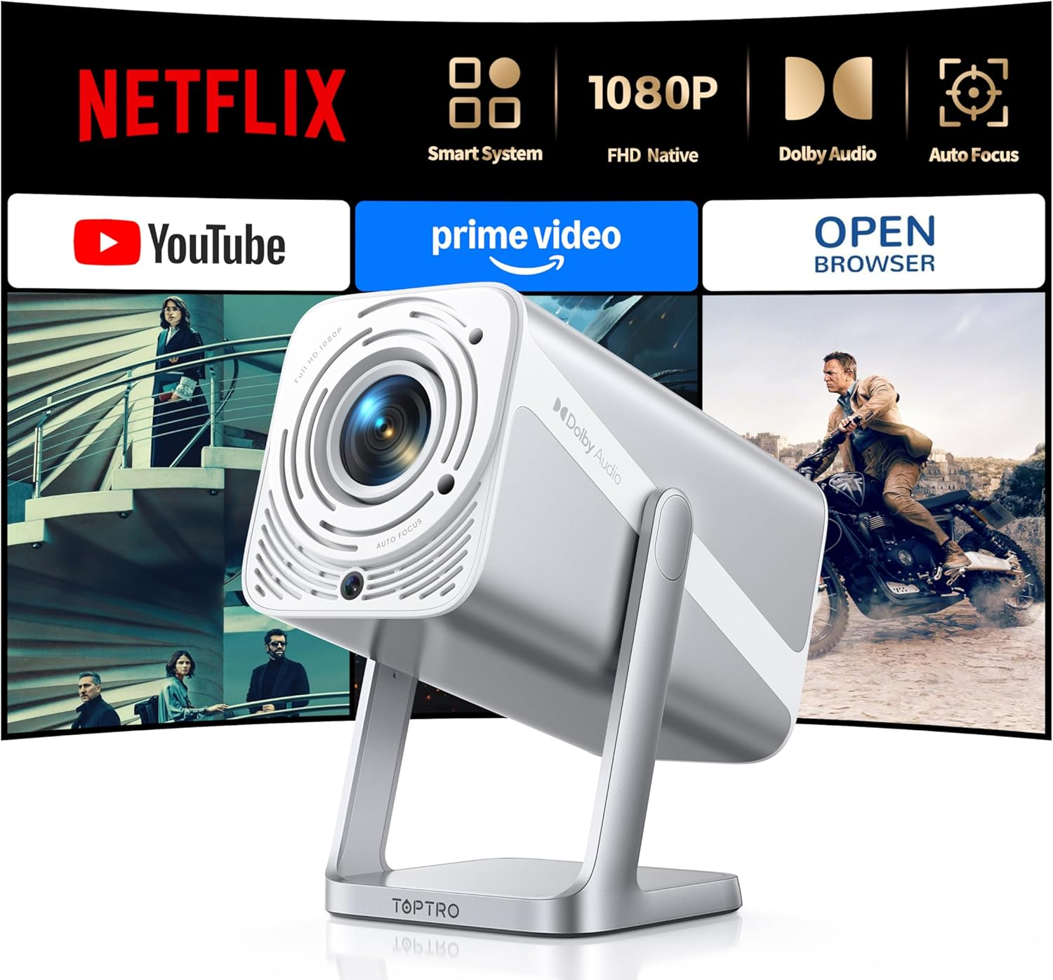 Projecteur intelligent 4K avec audio Dolby | Compatible avec Netflix | Autofocus/Keystone, mini projecteur portable 1080p avec WiFi6/Bluetooth 5.2/support rotatif à 360°, projecteurs d'intérieur et d'extérieur à courte portée TOPTRO